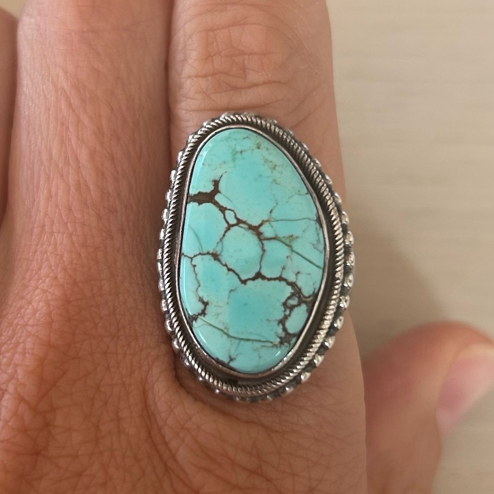Number 8 Turquoise Navajo Made Sterling Silver Ring Size 6